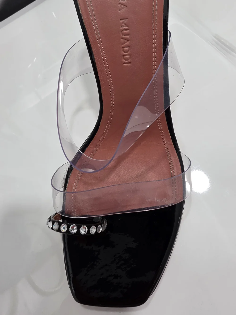 Amina Muaddi Black Patent Slide Heels with Clear Straps and Crystal Trim